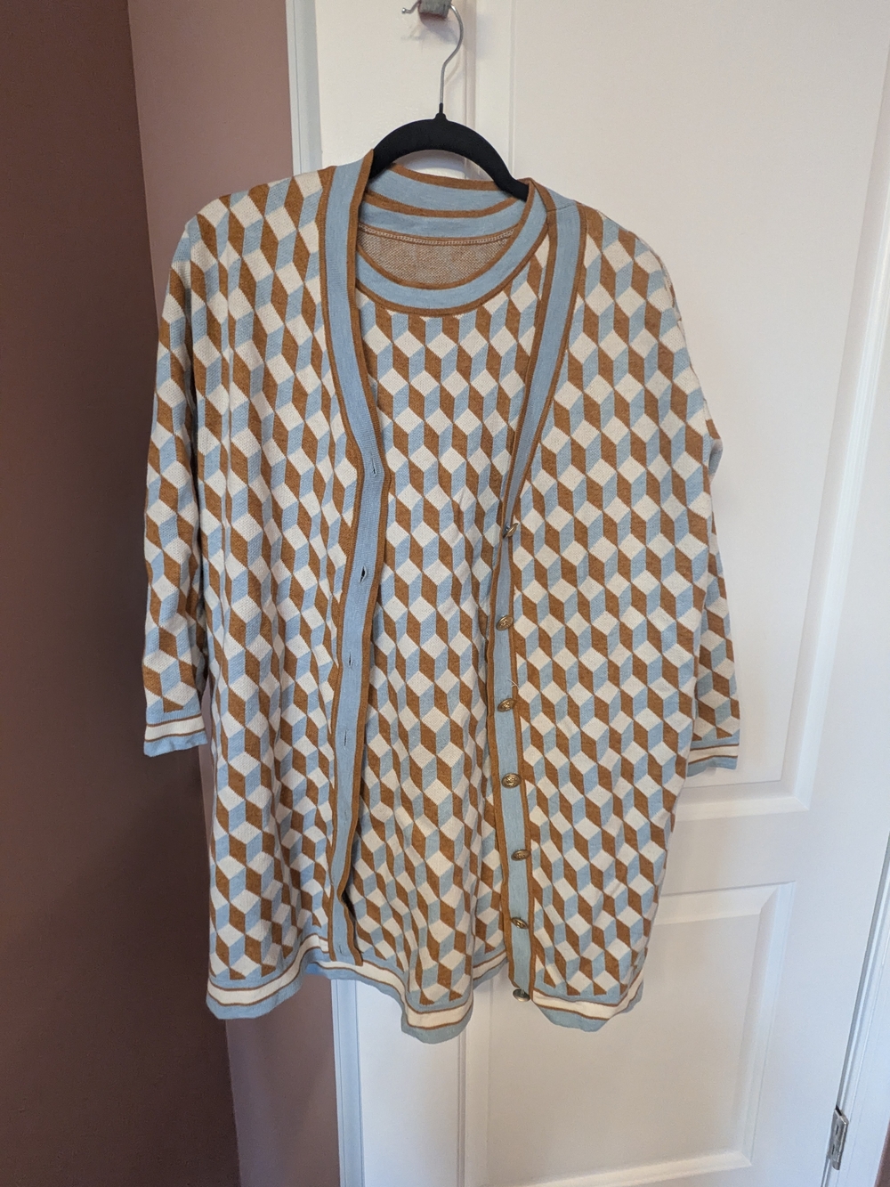 Geometric Sweater Dress and Cardigan Set - Light Blue & Tan